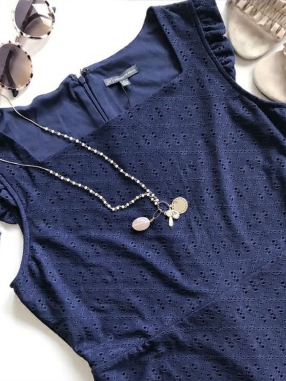 NWT Adrianna Papell Eyelet Knit Square Neck Dress in Denim Blue Small